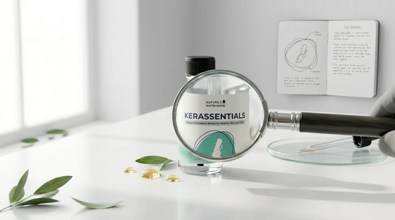 Magnifying glass examining Kerassentials bottle representing honest scam investigation and product analysis