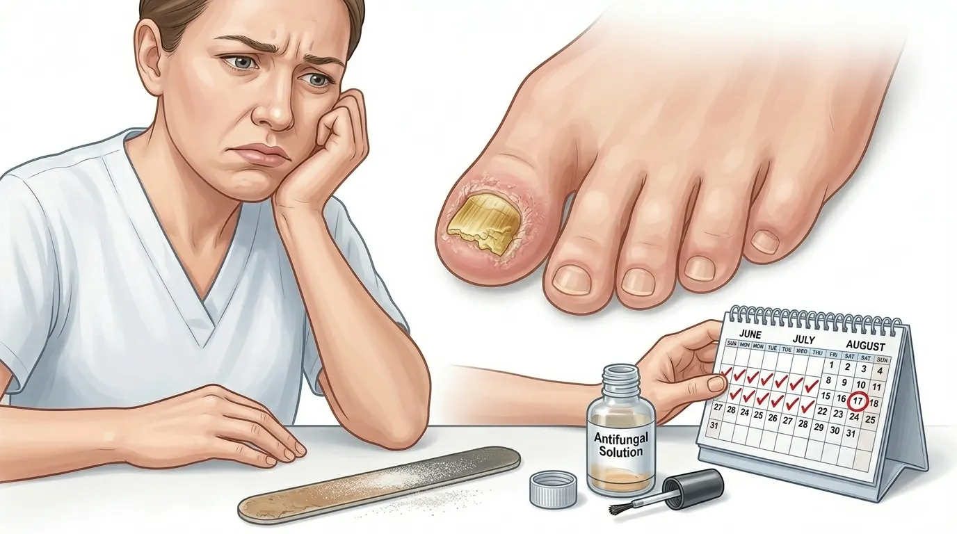 Toenail fungus treatment not working illustration showing infected nail antifungal product and calendar representing troubleshooting guide