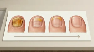 Timeline showing toenail fungus recovery progression from infected nail at month zero to clear healthy nail at month twelve