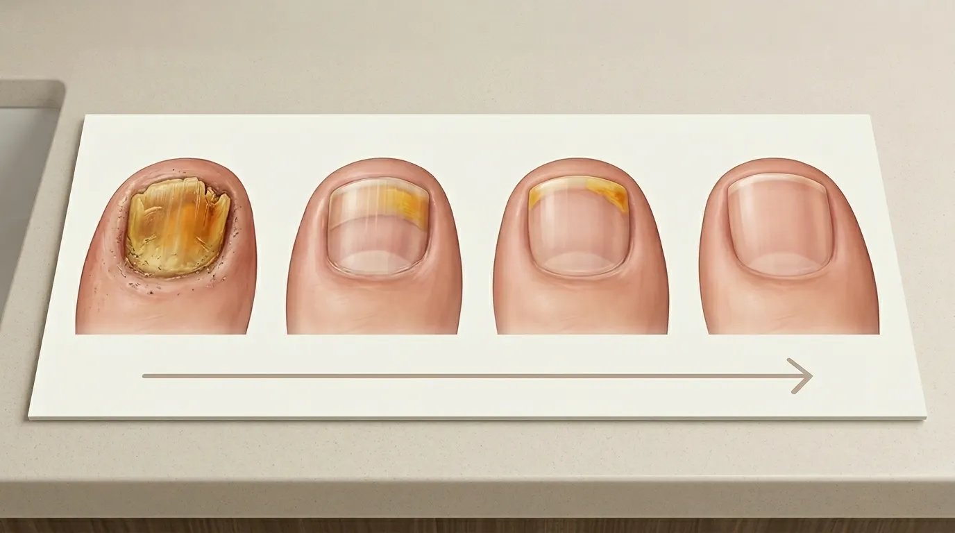 Timeline showing toenail fungus recovery progression from infected nail at month zero to clear healthy nail at month twelve