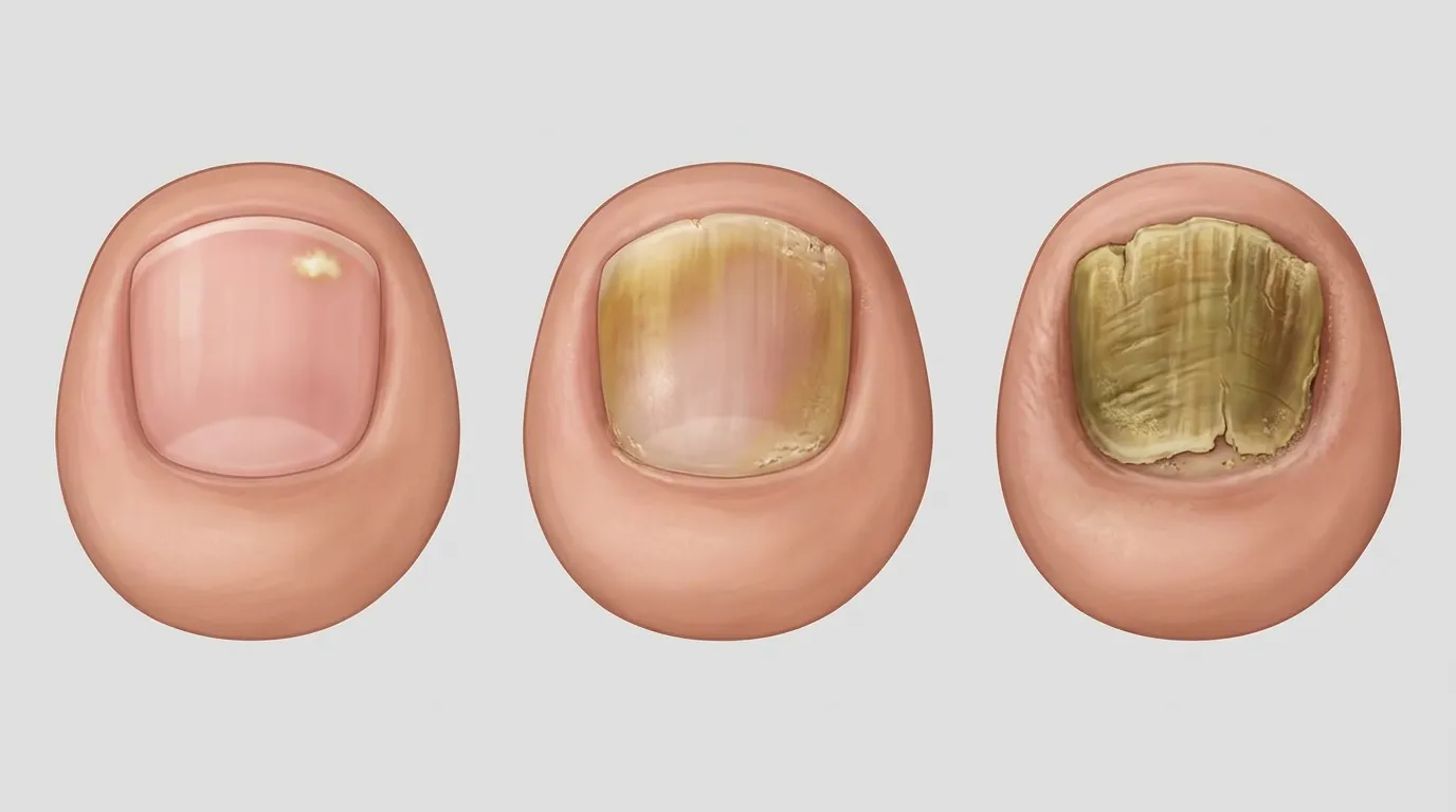 Three toenails showing Stage 1, Stage 2, and Stage 3 toenail fungus progression side by side