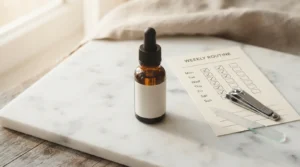Antifungal oil bottle with nail clippers and a daily habit tracker, illustrating a consistent toenail fungus treatment routine
