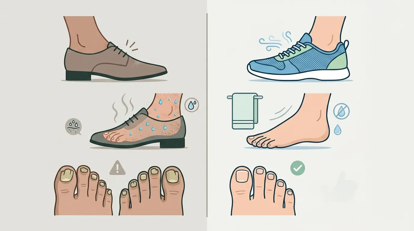 Split illustration comparing habits that worsen toenail fungus versus habits that support faster recovery