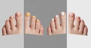 Comparison of healthy toenails and common toenail problems showing discoloration, thickening, and texture changes from fungal and non-fungal causes