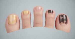 Close-up of toenails showing early, moderate, and advanced stages of toenail fungus with discoloration, thickening, and texture changes