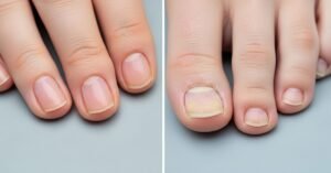 Comparison of fingernails and toenails showing early signs of nail fungus and healthy nail texture for medical reference