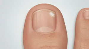 Early stage toenail fungus showing small white spot near nail tip with otherwise normal nail appearance