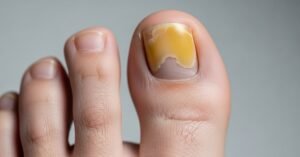 Thick yellow toenails before home remedies, showing discoloration and nail thickening linked to fungal nail issues.
