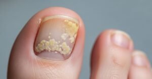 Toenail showing early fungal infection after acrylic nails, highlighting white spots and nail texture changes.