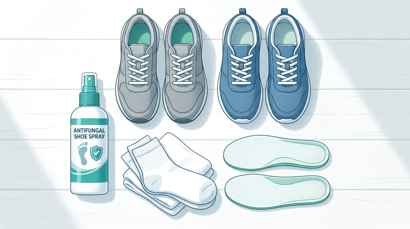 Antifungal shoe spray socks and two pairs of shoes representing toenail fungus shoe disinfection and reinfection prevention