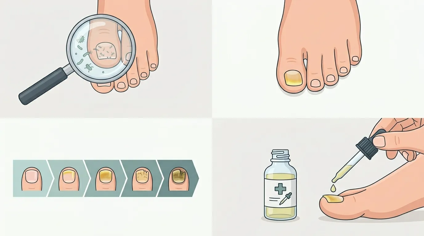 Educational illustration showing toenail fungus causes symptoms stages and treatment overview in four sections