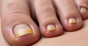 Athlete’s toenail showing early signs of toenail fungus, including yellow discoloration and thickening, commonly caused by moisture and repetitive trauma from running.