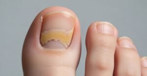 close-up of toenail fungus showing thickened nail structure, yellow discoloration, and nail lifting caused by fungal infection