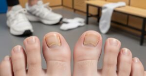 Toenail fungus risk factors illustrated by early nail discoloration and thickening, commonly linked to moisture, footwear habits, and underlying health conditions.