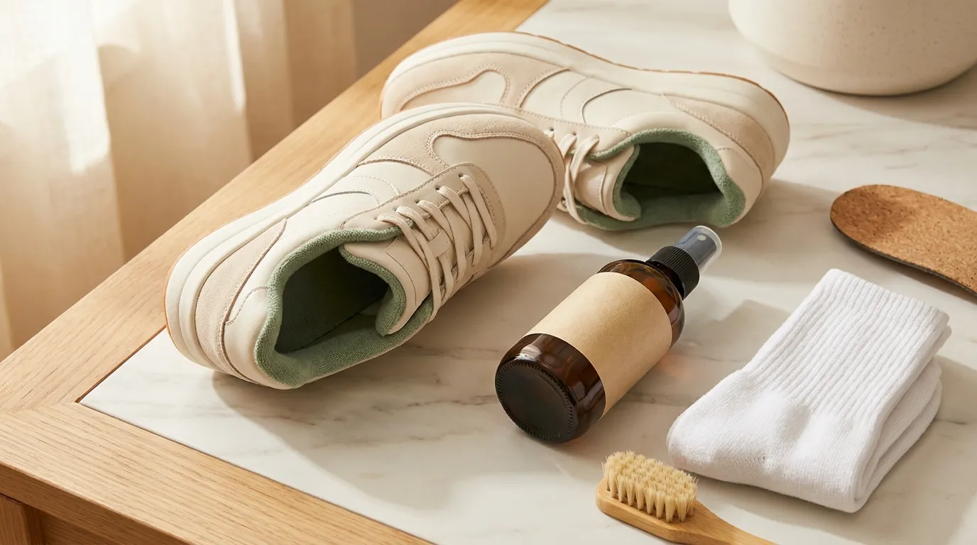 Athletic shoes, antifungal spray bottle, and clean socks representing how to disinfect shoes and prevent toenail fungus reinfection