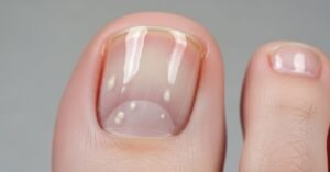 “Toenail showing early fungal infection visible under nail polish — clinical perspective demonstrating discoloration and texture change”