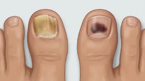 Side-by-side comparison of toenail fungus yellow discoloration versus nail trauma dark bruising under the nail