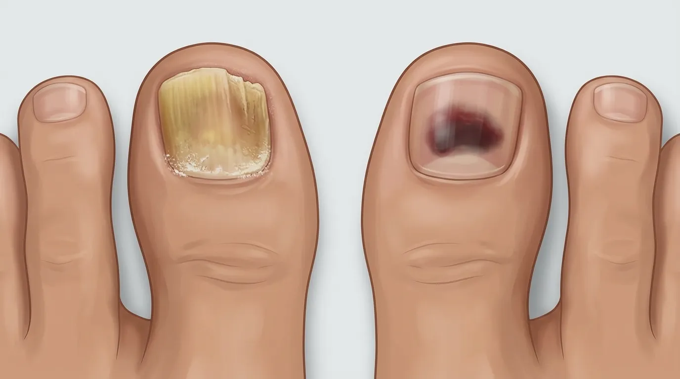 Side-by-side comparison of toenail fungus yellow discoloration versus nail trauma dark bruising under the nail