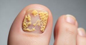 Thick yellow big toenail showing early signs of fungal infection and nail plate thickening.