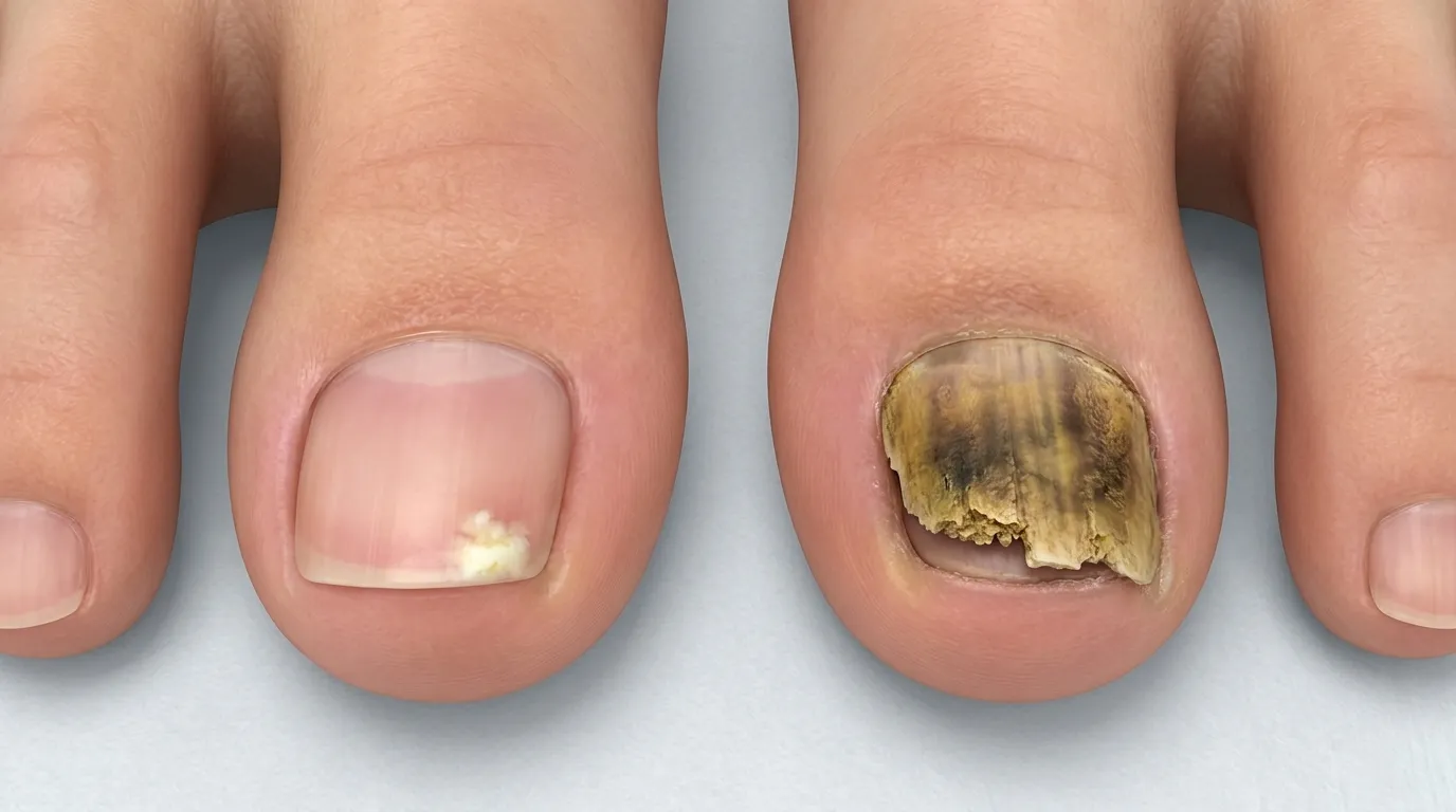 Side by side comparison of early stage toenail fungus small white spot versus advanced stage thick dark crumbling nail