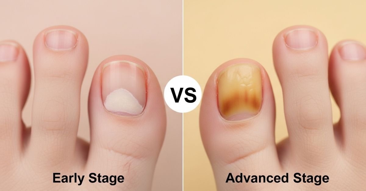 comparison showing early stage vs advanced toenail fungus with mild discoloration and thick yellow nail