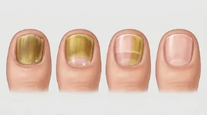 Four toenails showing progressive healing stages from fully infected to completely clear healthy nail