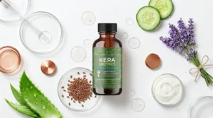 Kerabiotics ingredients list with scientific breakdown of probiotic strains and botanical antifungal compounds