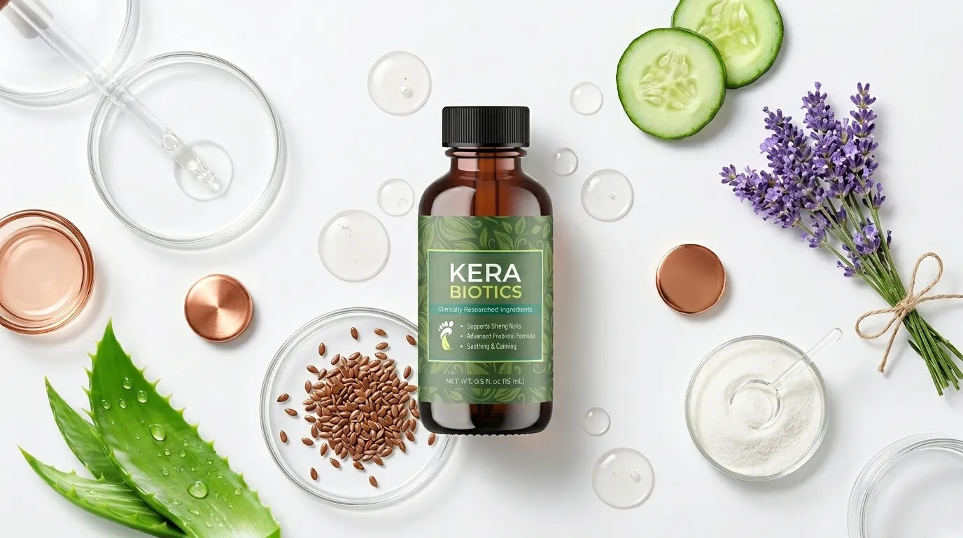 Kerabiotics ingredients list with scientific breakdown of probiotic strains and botanical antifungal compounds