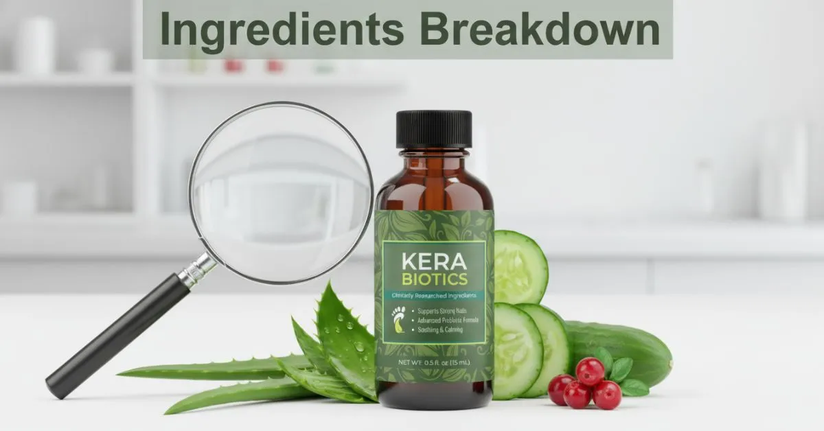 Kerabiotics ingredients review showing product bottle with aloe vera and botanical extracts, highlighting full formula breakdown and analysis of how ingredients work