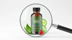 Magnifying glass examining Kerabiotics bottle suggesting honest scam investigation and product analysis