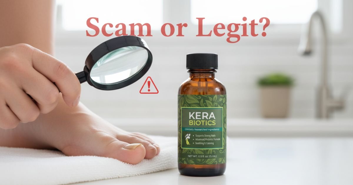 Kerabiotics scam or legit review showing nail treatment bottle, user inspecting toenail, and warning signs about fake products and real user complaints