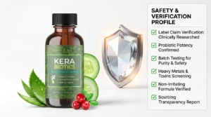 Kerabiotics bottle with safety shield symbol representing side effects analysis and ingredient safety review