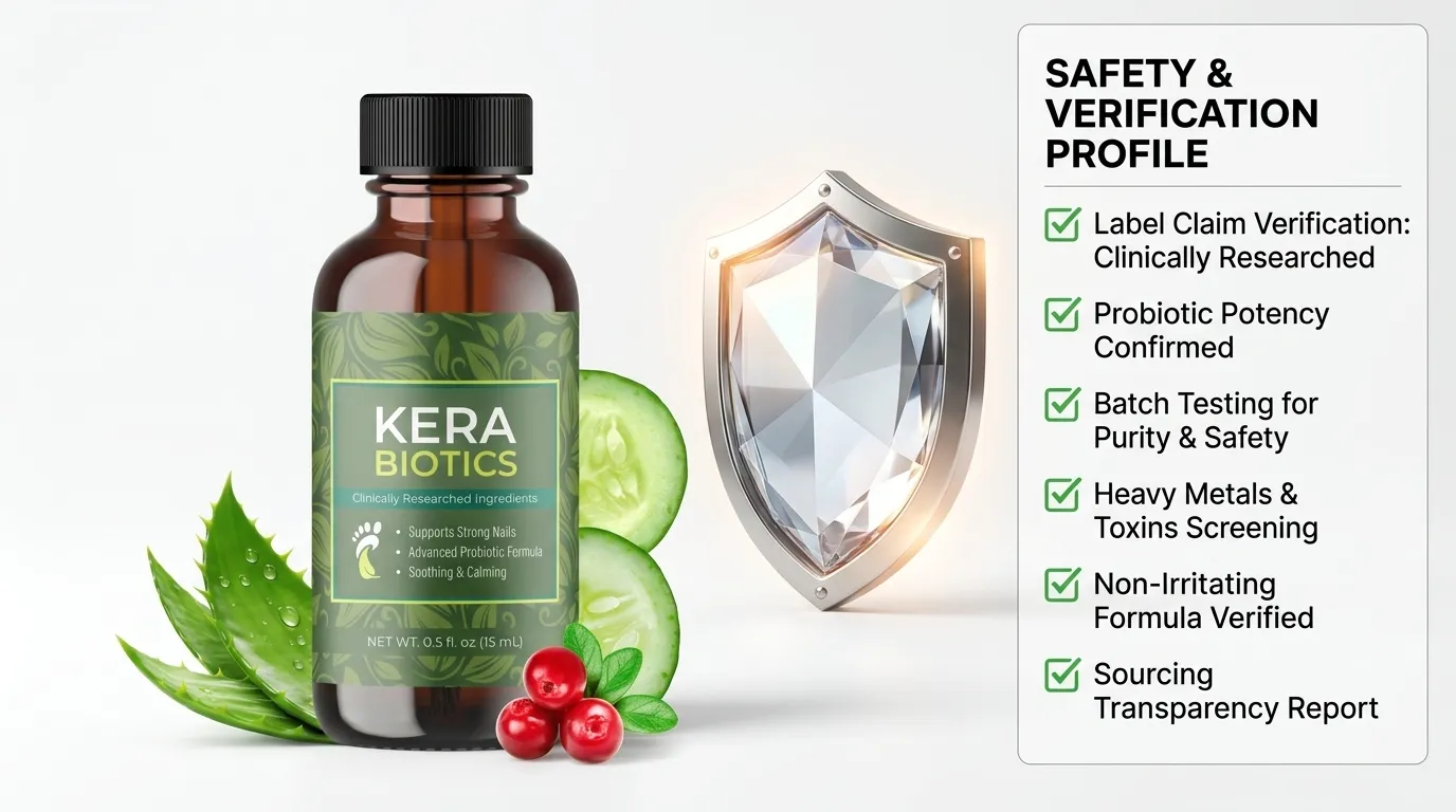 Kerabiotics bottle with safety shield symbol representing side effects analysis and ingredient safety review