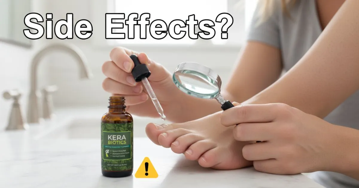 Kerabiotics side effects review showing nail treatment application, user checking toenail condition, and safety warning about possible reactions and proper usage