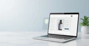 Minimalist blog header showing a laptop with an official product website, symbolizing safe online purchase and verified source for Kerafen.