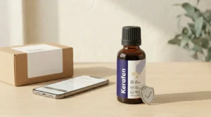 Kerafen antifungal oil bottle beside a shipping box, representing a guide to where to buy Kerafen safely from the official website