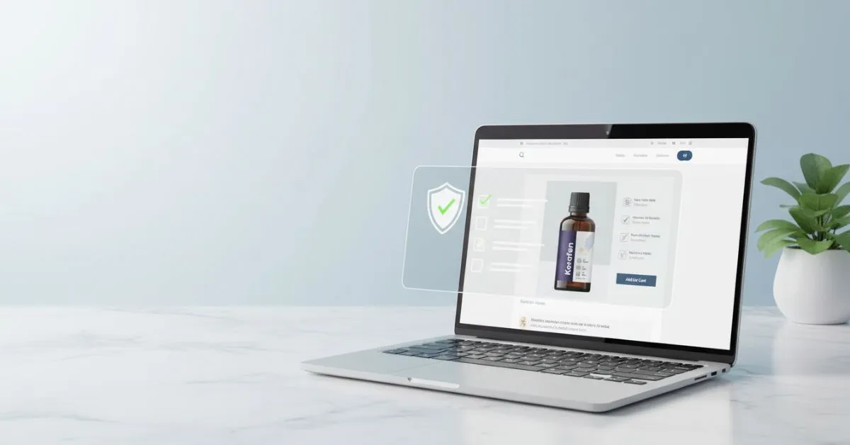 Minimalist blog header showing a laptop with an official product website, symbolizing safe online purchase and verified source for Kerafen.