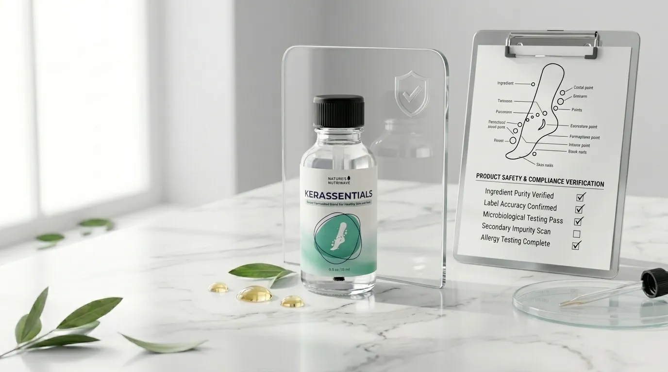 Kerassentials bottle with safety shield representing ingredient safety analysis and side effects review
