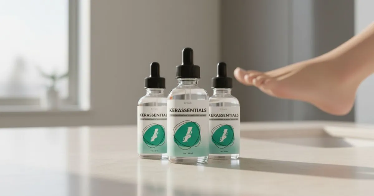 Kerassentials oil bottle on bathroom counter with clean clinical setting, representing nail care treatment and potential side effects analysis