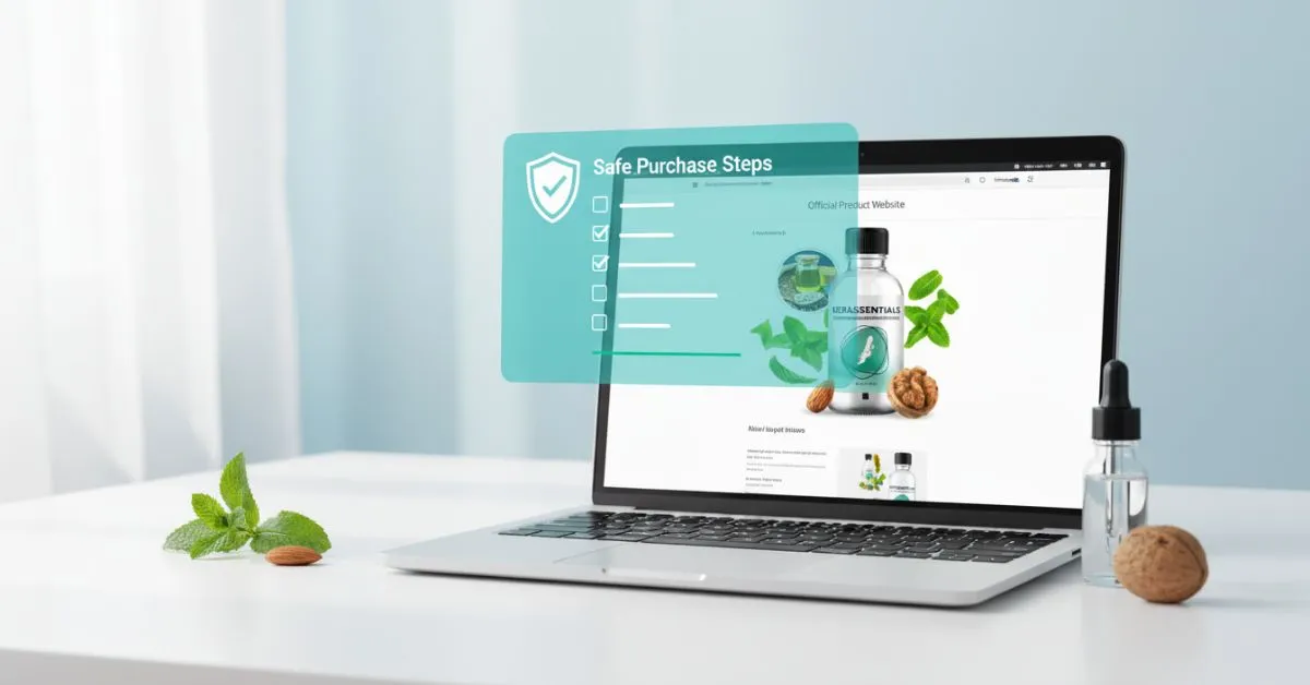 Minimalist blog header showing a laptop with an official product website, symbolizing safe online purchase and verified source for Kerassentials.