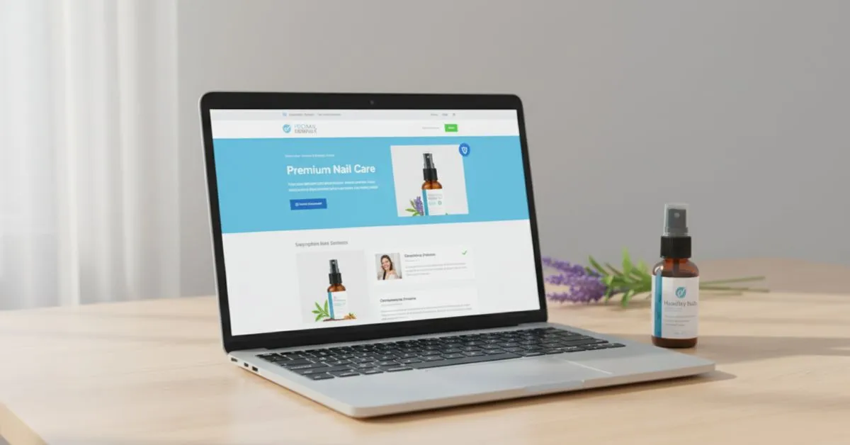 ProNail Complex official website on laptop with nail care solution bottle, representing safe online purchase, pricing, and how to avoid fake products