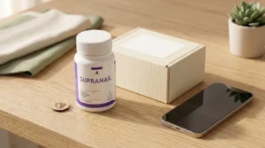SupraNail supplement bottle beside a shipping box, representing a guide to where to buy SupraNail safely from the official website