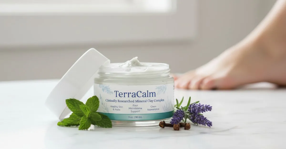 Real TerraCalm product jar placed on a bathroom counter with a soft blurred background suggesting toenail care use in a clean, realistic setting