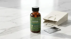 Kerabiotics bottle next to shopping elements representing safe official website purchase guide
