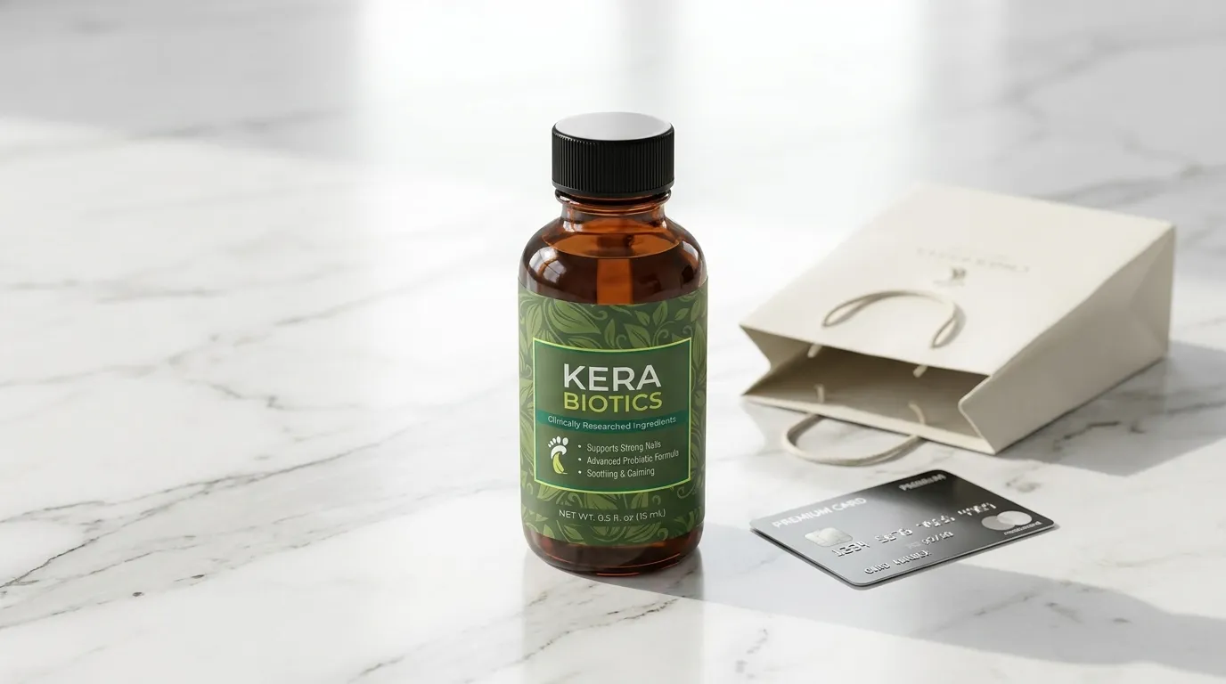 Kerabiotics bottle next to shopping elements representing safe official website purchase guide