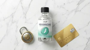 Kerassentials bottle next to secure payment symbol representing safe official website purchase guide