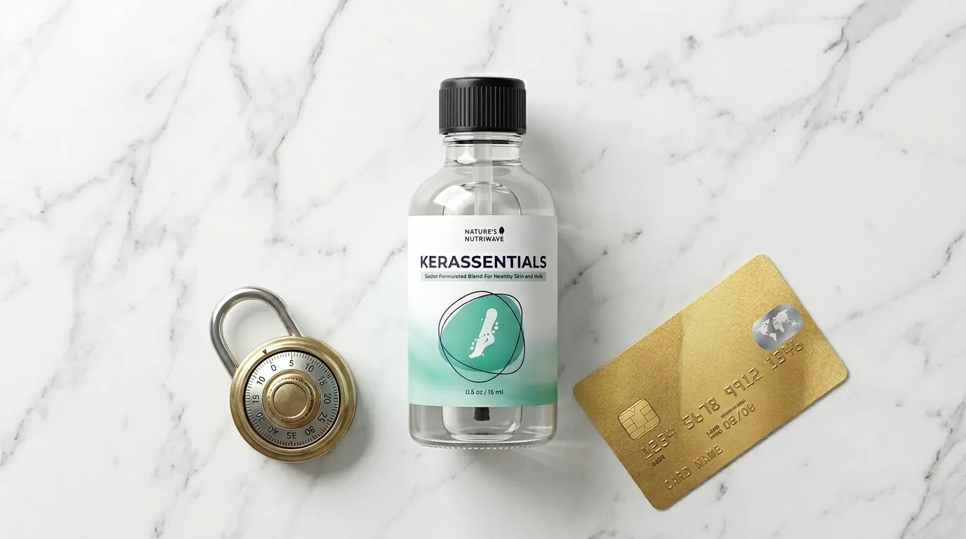 Kerassentials bottle next to secure payment symbol representing safe official website purchase guide
