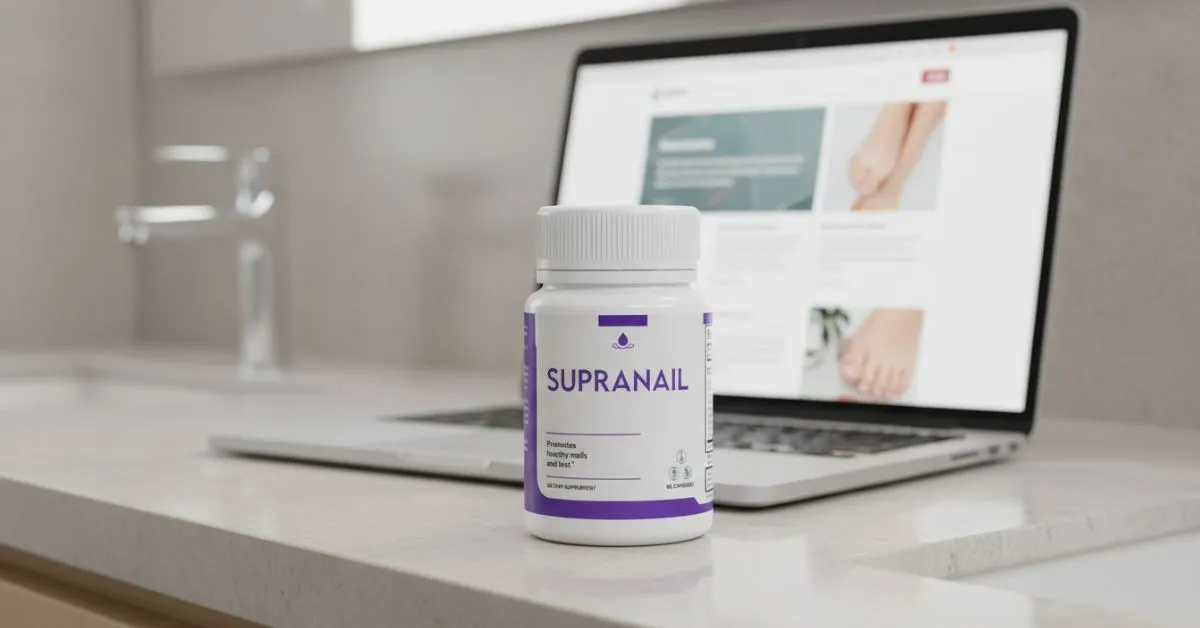 SupraNail product jar identical to original packaging next to device showing official website, representing safe and authentic purchase