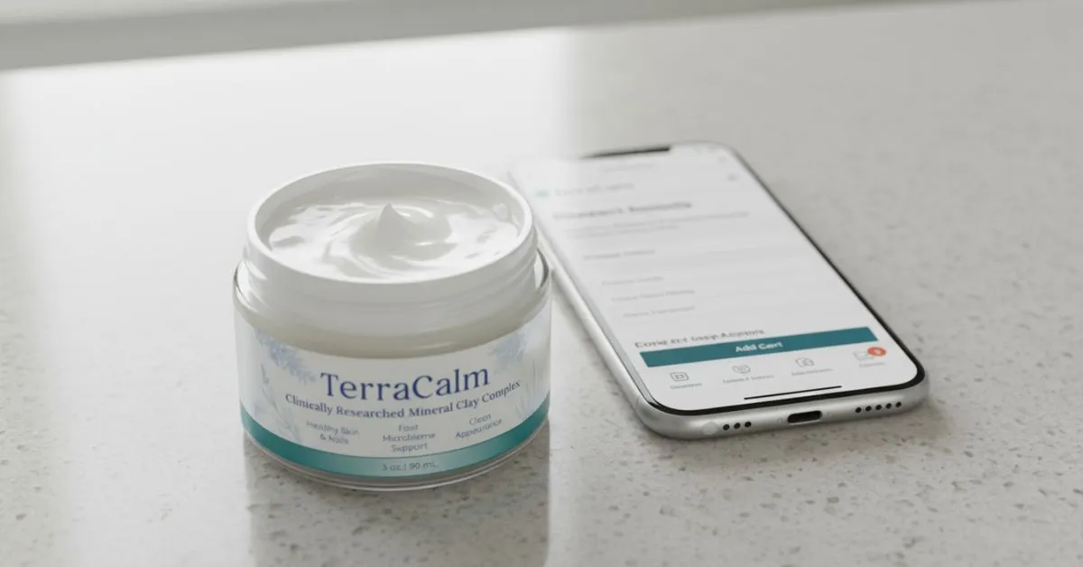 Open jar of TerraCalm-style white cream next to device showing official website, representing safe purchase and authentic product selection