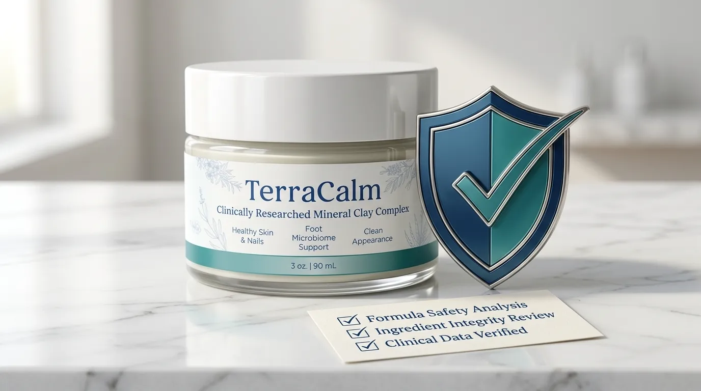 TerraCalm cream jar next to safety shield symbol representing side effects and ingredient safety analysis